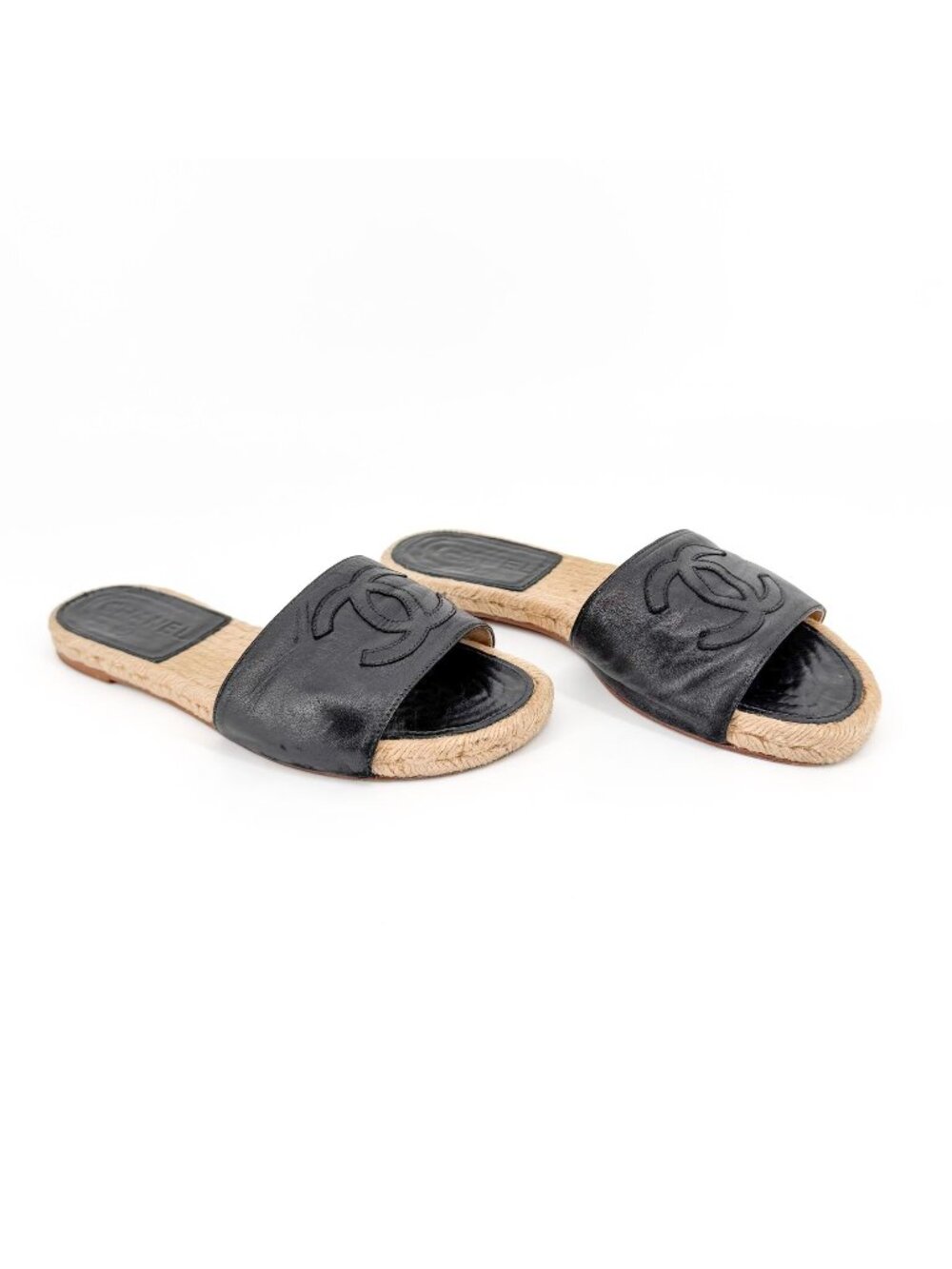 Chanel CC Flat Espadrille Mule Slide Sandals Black Leather Size 38 US 7-7.5